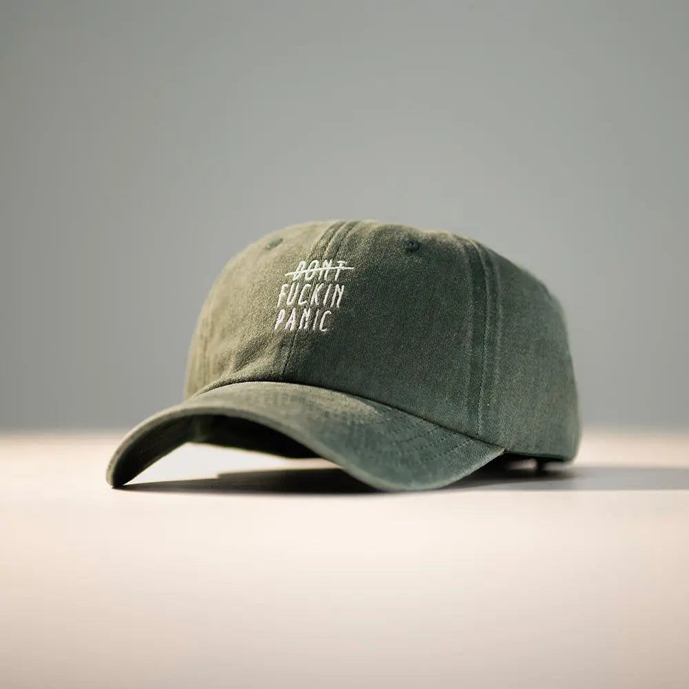 Panic Zones Don't F**** Panic Cap in green — official Panic Zones merch