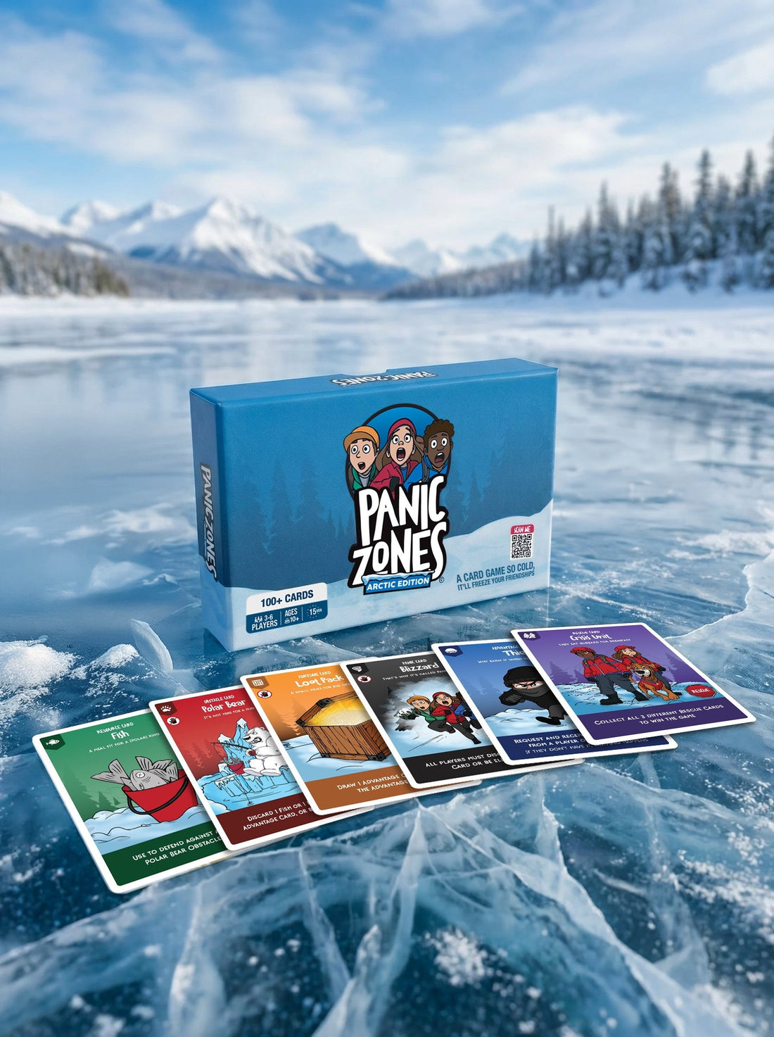 Panic Zones Arctic Edition card game box with Fish, Polar Bear, Loot Pack, Blizzard, Thief, and Crisis Level cards displayed on a frozen ice field with snowy mountains in the background