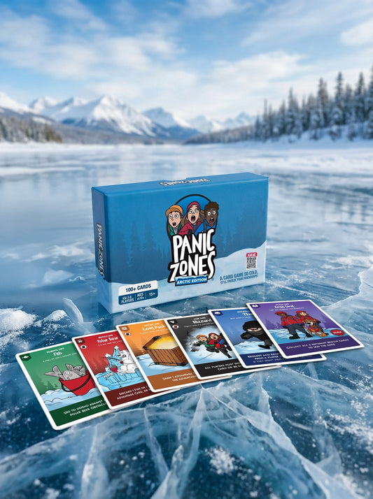Panic Zones Arctic Edition card game box with Fish, Polar Bear, Loot Pack, Blizzard, Thief, and Crisis Level cards displayed on a frozen ice field with snowy mountains in the background