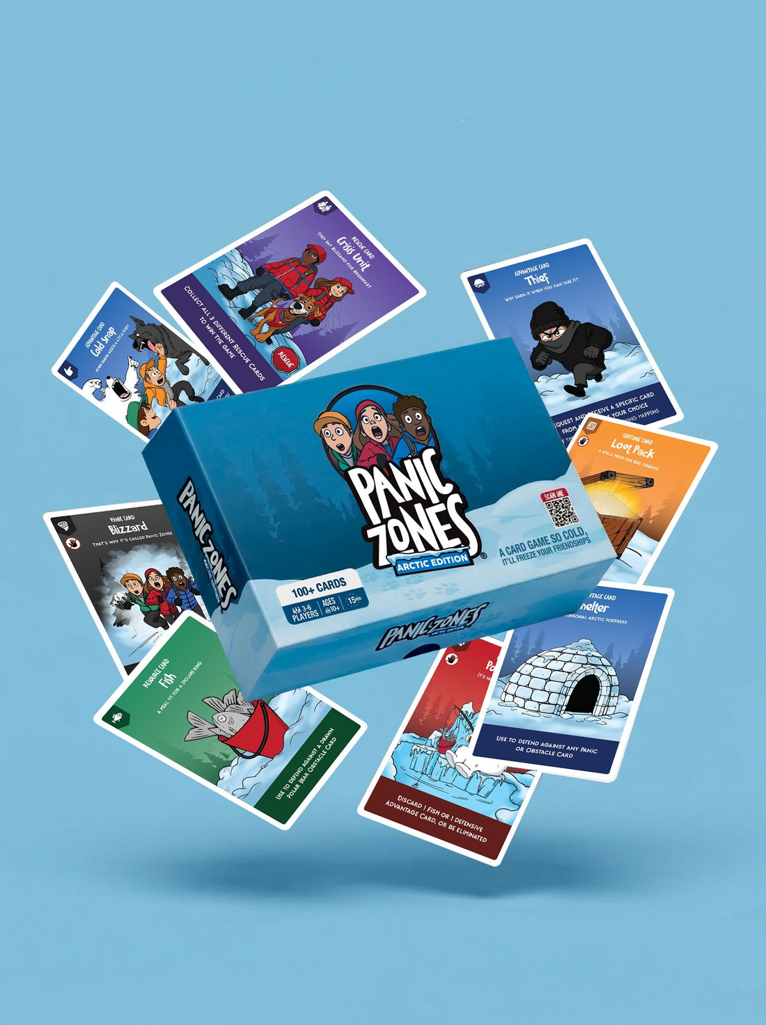 Panic Zones Arctic Edition card game box surrounded by floating game cards showing arctic survival scenarios, characters, and action cards