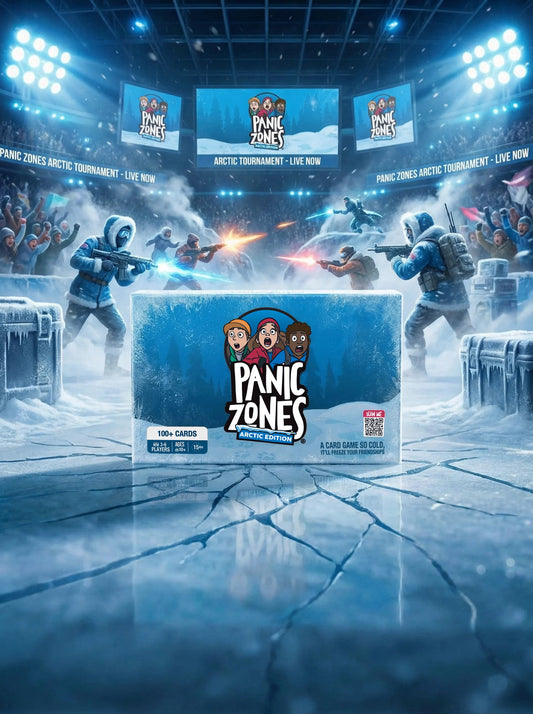 Panic Zones Arctic Edition card game box at center stage of an arctic tournament arena with stadium lights, giant screens, and a live crowd in the background