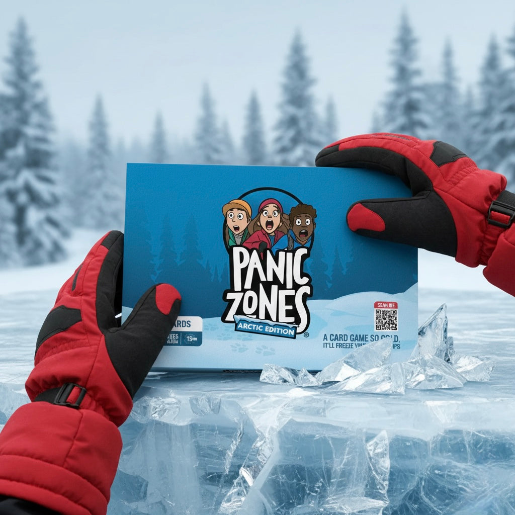Hands in red winter gloves holding Panic Zones Arctic Edition card game box against snowy forest backdrop with ice chunks