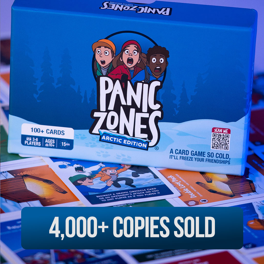 Panic Zones Arctic Edition card game box shown prominently, with several cards fanned out below and a large promotional banner reading '4,000+ COPIES SOLD' across the bottom.