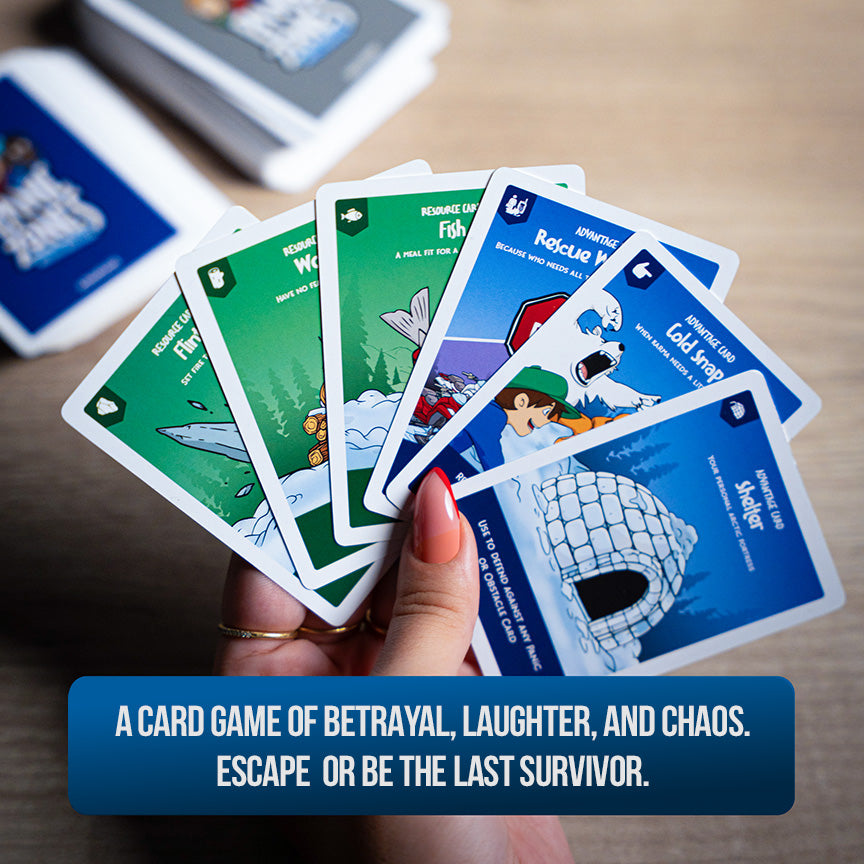 A hand holds a fan of colorful panic zones cards over a wooden surface, with a blue text banner at the bottom reading 'A card game of betrayal, laughter, and chaos. Escape or be the last survivor.